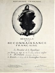 French Certificate for the Medaille de la Reconnaissance