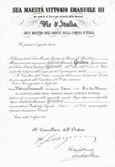 Certificate to the Italian knighthoodorder of the crown - 1905