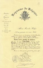 Belgian Certificate for knighthood of the Order of Leopold - 1916