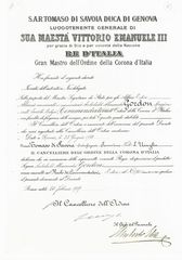Certificate to the Italian knighthoodorder of the crown - 1919